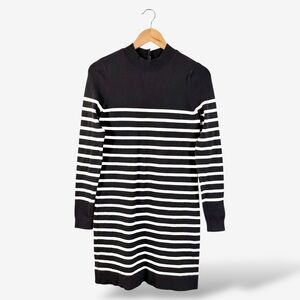 Loft Black White Stripe Sweater Dress Size XS Button Back Casual Minimalist